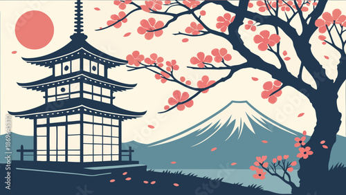 Captured in tokyo, this stunning image features the iconic skyline framed by cherry blossoms, with mt. Fuji and the setting sun in the background. Perfect for travel brochures and website headers.