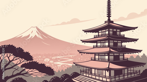 Tokyo skyline with pagoda city, mount fuji in japan. Perfect for travel brochures, website banners, and posters showcasing japans iconic landmarks.