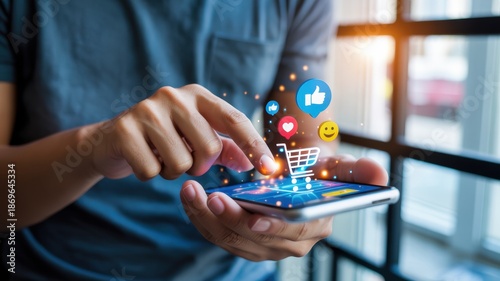 Digital commerce experience: person uses smartphone for online shopping and social interaction