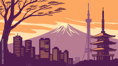 Breathtaking tokyo skyline with a japanese pagoda, mount fuji, and city buildings. Perfect for travel brochures, websites, and posters.