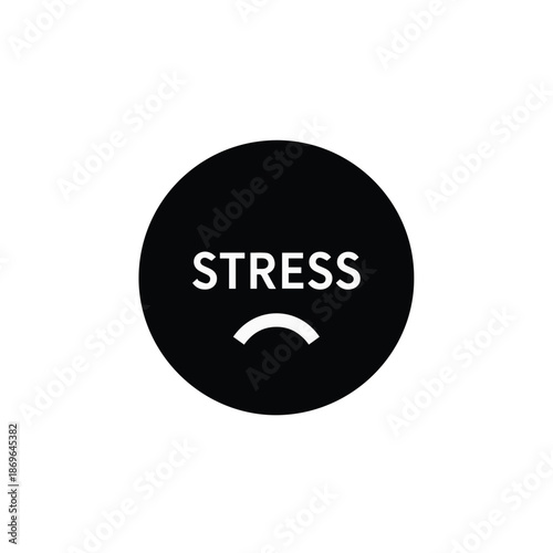 A black circular icon with the word "STRESS" and a sad mouth symbol. It represents mental burden, psychological pressure, and unhappiness.