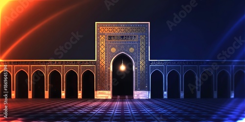 An ancient islamic architectural facade illuminated by a vibrant, mystical play of light