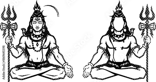 Lord Shiva vector illustration in detailed black and white line art style. Depicting Mahadev seated in meditation holding trident, drawn with clean outlines and intricate details