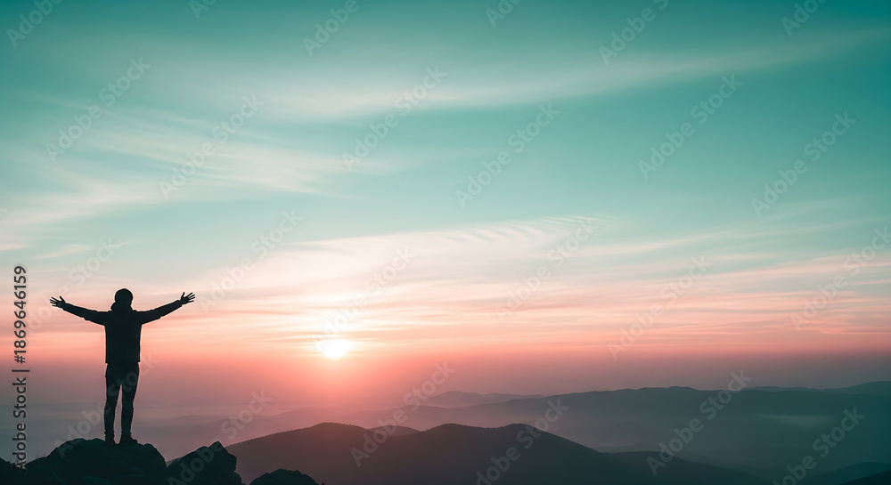 Fototapeta premium Silhouette of a Person with Open Arms Against a Sunset: Achieving Goals, over Mountains, Hope, Freedom