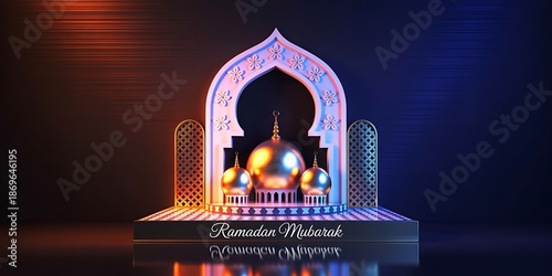 A shimmering ramadan mubarak display with golden mosque domes and a decorative arch
