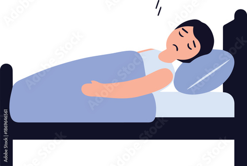A flat design illustration of a person lying in bed under a blue blanket, depicting sleep, rest, or perhaps a restless night and health recovery.
