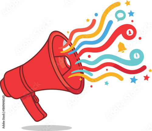 Red megaphone broadcasting important announcements and digital marketing messages