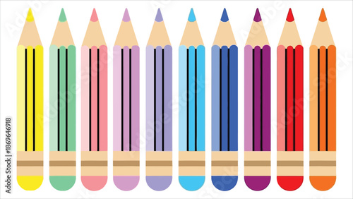 Set of eight colorful wooden pencils in flat design vector.eps