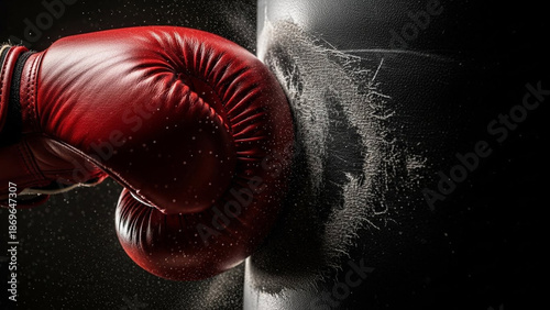 Red boxing glove hitting a punching bag, creating an impact splash. Concept of strength, determination, and intense training in combat sports.