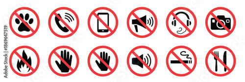 Set of no music, no sound, no fire, no pets, no eating, no noise, no disturbance, no loud activity red prohibition signs, vector illustration for public spaces, apps, websites and safety signage.