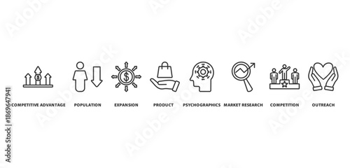 market penetration banner concept with icon of competitive advantage, population, expansion, product, psychographics, market research, competition, outreach,
