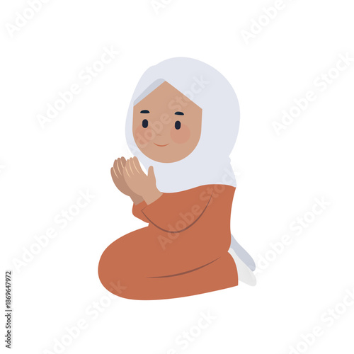 Cute muslim girl in hijab sitting and praying flat vector illustration.
