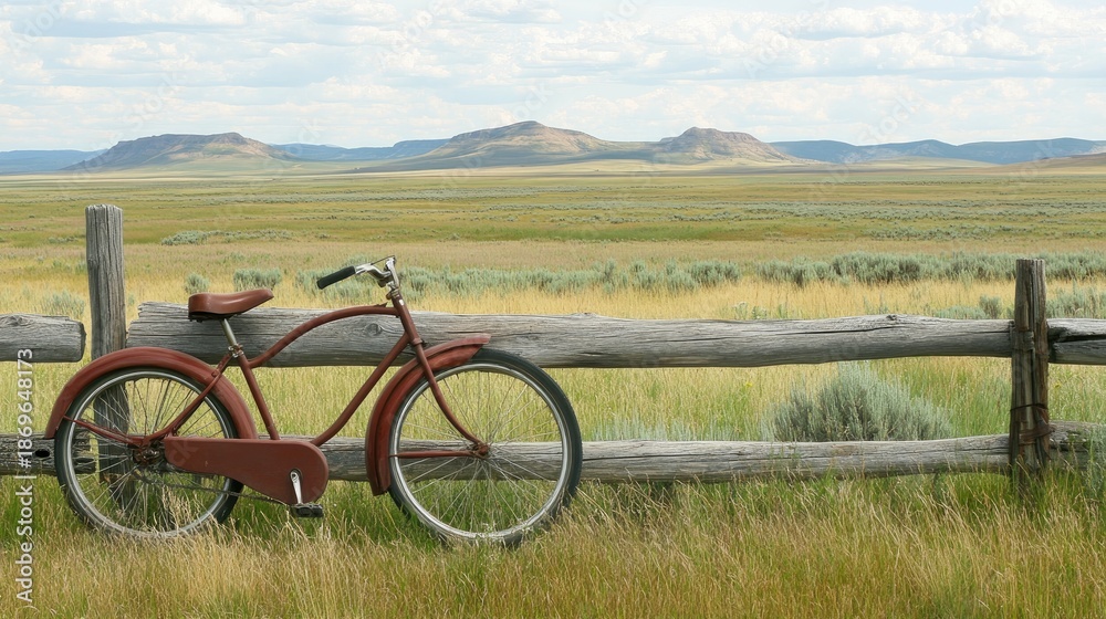 Fototapeta premium Vintage Bicycle Leaning on Rustic Fence, Vast Landscape, Serene Day.