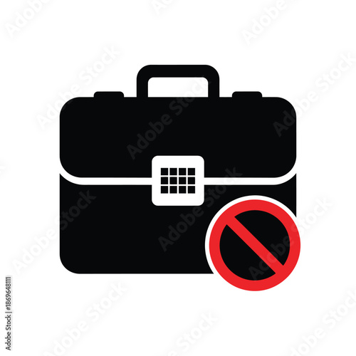 Vector illustration icon black briefcase with forbidden sign on white background, symbolizing banned or prohibited travel or business