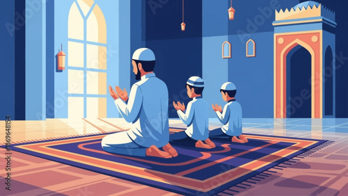 Muslim father and sons kneeling in prayer inside a mosque flat vector illustration for religious holidays like Ramadan or Eid