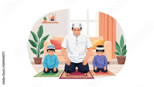 Muslim father and sons praying together at home on prayer mats