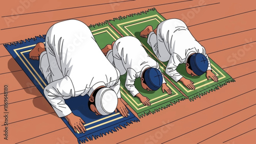 Illustration of Muslim men performing Sujud or prostration during Islamic prayer on colorful prayer mats