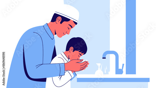 Muslim father and son performing ablution Wudu at the sink for prayer preparation
