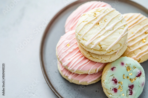 Close up of delicious cookies is a different pastel Valentine hue: soft pink, pale yellow and mint green on a slate grey plate.