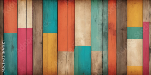A vibrant rainbow of painted timber planks creates a colorful vintage wood texture with a striped pattern, forming an old grunge wall or floor backdrop for art and design