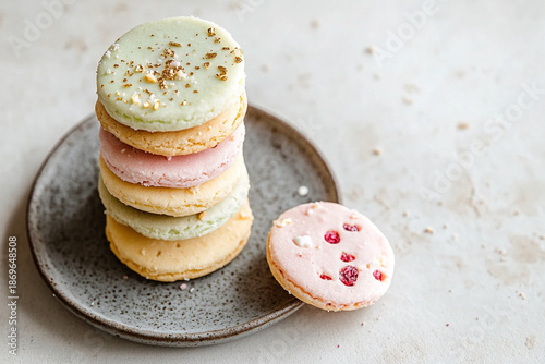 Delicious cookies is a different pastel Valentine hue: soft pink, pale yellow and mint green on a slate grey plate.