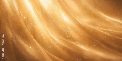 A flowing golden silk fabric background features smooth satin waves and shiny liquid motion with a soft orange glow in a vector illustration design