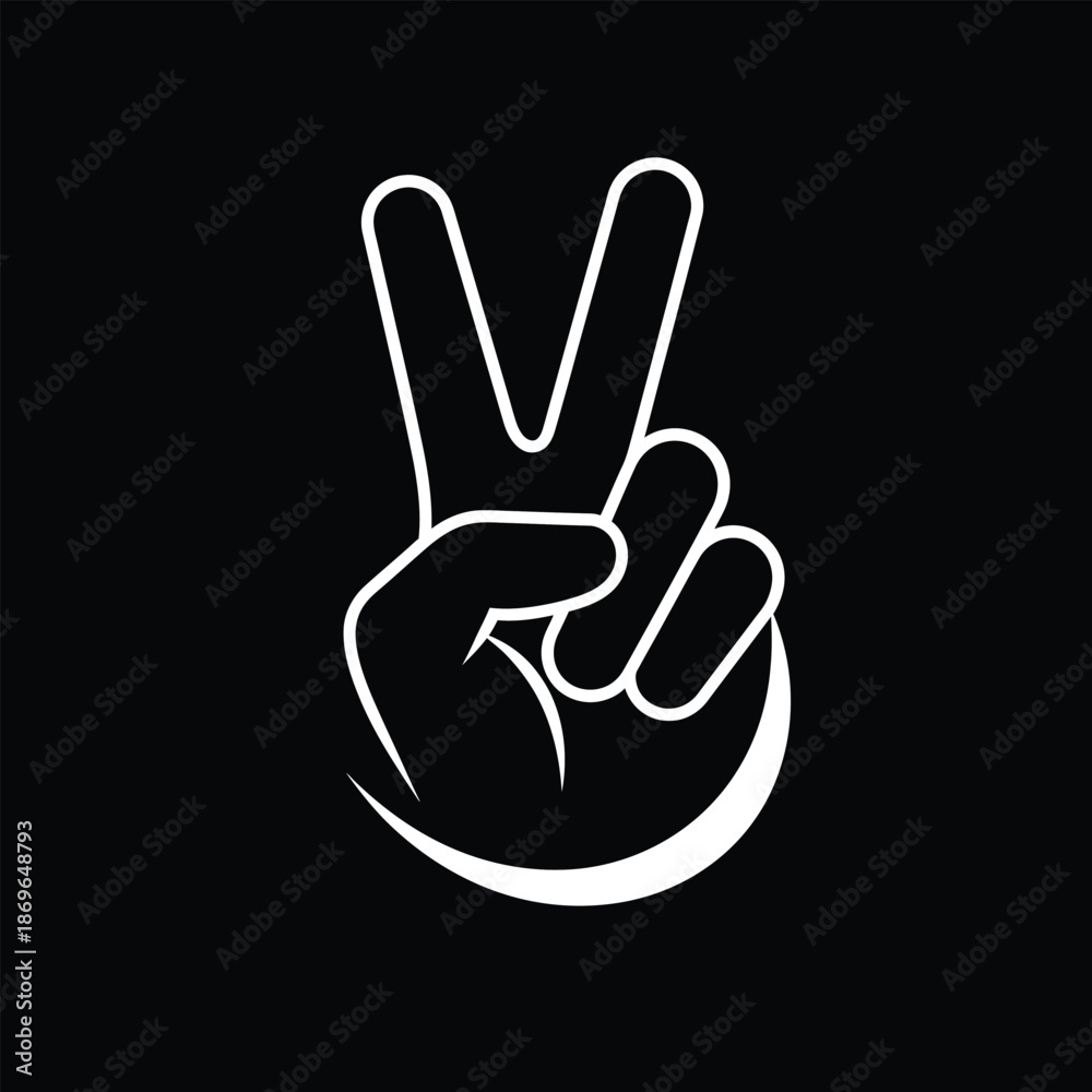 Obraz premium Vector illustration icon a white line drawing of a hand making peace sign on black background