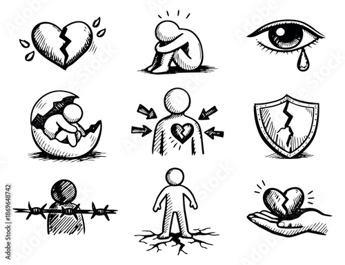 Hand drawn line art emotional distress icon set featuring broken hearts, a crying eye, and vulnerable human figures for mental health concepts