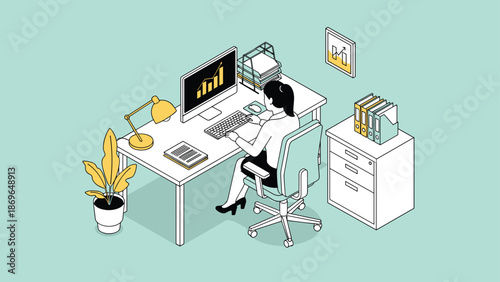 Businesswoman working at her desk with a computer showing financial growth charts, files, and a cabinet in a light green office.