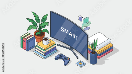 Smart tv setup on a desk surrounded by stacks of books, a coffee mug, game controller, and various indoor plants.