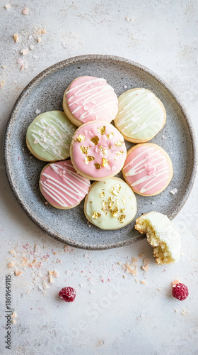 Delicious cookies is a light pastel Valentine hue: soft pink, pale yellow and mint green on a slate grey plate.