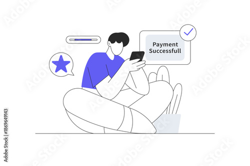 Success Popup. Man Character sitting with phone. Successful Payment done. Flat Cartoon Vector Illustration, icon Stylish abstract design landing page web