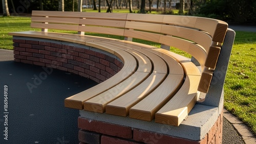 Curved wooden bench without backrest mounted on brick and concrete base