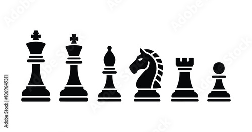 Black and white illustration of chess pieces, king, queen, bishop, knight, rook, pawn, clean vector design for strategy concept artwork.