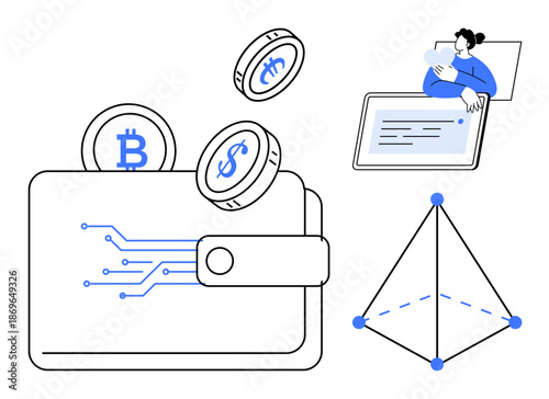 Cryptocurrency concept. Cryptocurrency wallet with Bitcoin and Dollar coins, user managing digital assets, and smart contract blockchain. Cryptocurrency for digital payments and blockchain security