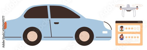 Transportation, automotive technology, quadcopter services, customer reviews, online platforms, innovation. A blue car, a Quadcopter and a user rating screen. Automotive technology