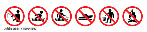 No swimming, no fishing and no fire vector icons, clean red prohibition symbols, ideal for public signage, safety awareness, parks, lakes, apps, websites and vector illustrations.