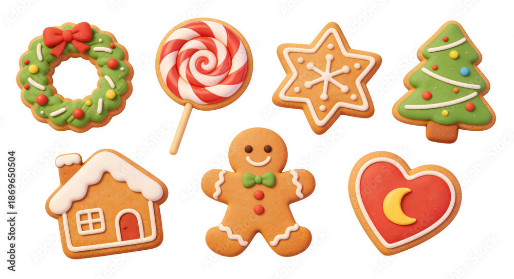 Fototapeta premium [Transparent Background PNG]Christmas Cookies Collection with Wreath, Lollipop, and Gingerbread Man