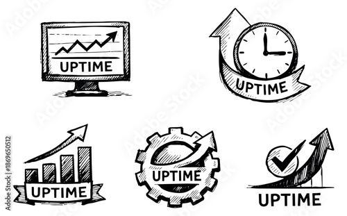 Hand drawn line art uptime icons set featuring graphs, clocks, and gears for business technology concepts