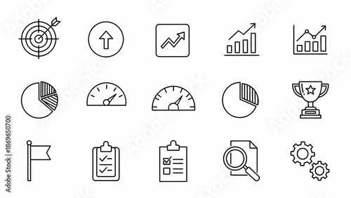 Comprehensive collection of outline icons representing business growth, data analysis, marketing insights, financial performance, and strategic achievement metrics for modern dashboards and reports