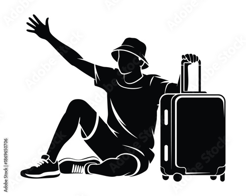 Traveler Waving Goodbye with Suitcase 