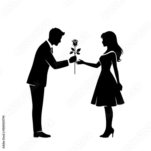 Man giving a rose to a woman in a dress, a romantic gesture illustrated in a simple silhouette artwork