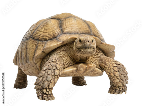 Large sulcata tortoise walking on grey background