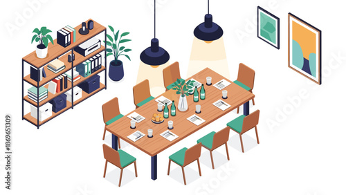 Elegant long wooden conference table set for a business meeting with documents, water bottles, and green chairs.