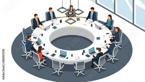 Corporate business meeting in progress with professionals sitting around a large white circular table using laptops.