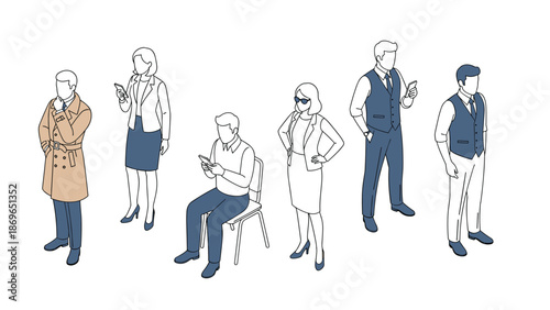 Set of people in different business and casual outfits using mobile phones or standing in various poses.