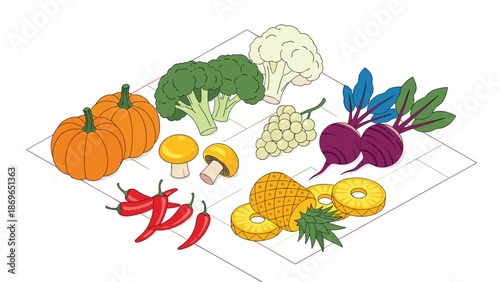 Variety of fresh vegetables and fruits including pumpkins, broccoli, cauliflower, beetroot, mushrooms, and pineapple.