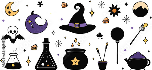 Spooky halloween elements collection: witches hat, potions, and celestial icons