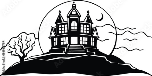 Spooky haunted house on a hill under a crescent moon