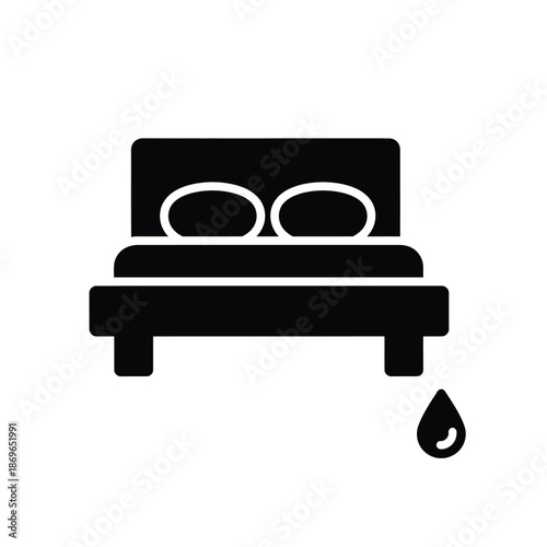Vector illustration icon black silhouette of a bed with a single drop of liquid falling from it on a pure white background